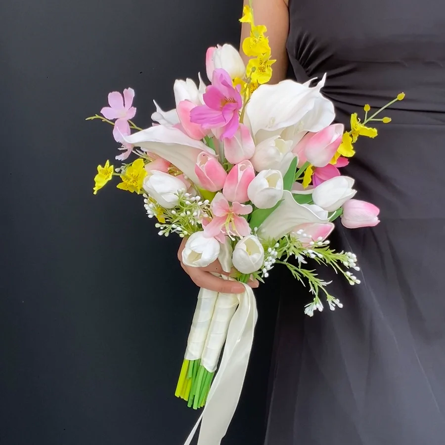 Two bunches of two-in-one simulated flowers, pink tulip calla lily, hand-held flowers, wedding certificate and graduation photo - Image 6