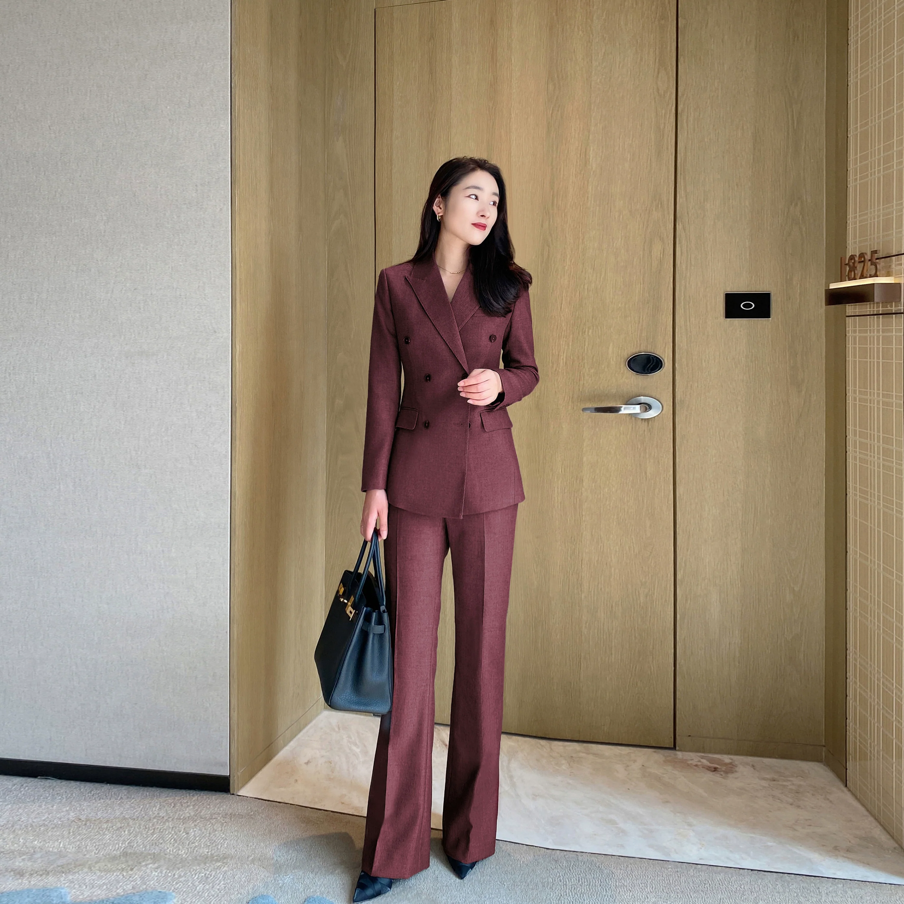 Warm Thickened Herringbone Red Suit with Boot-Cut Trousers - Image 5