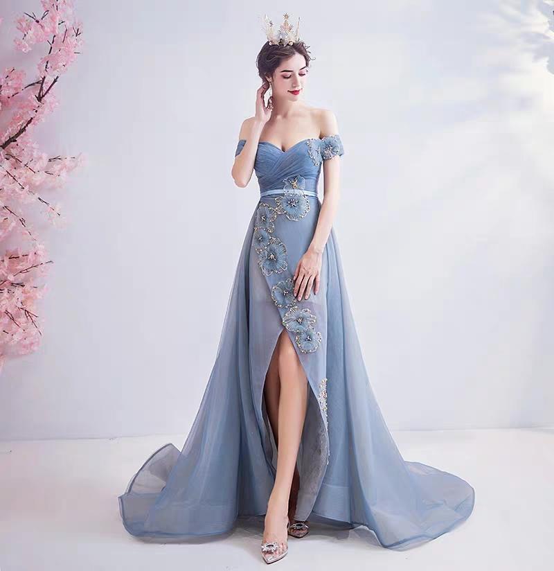 Wedding dress retro court style smoke blue bride wedding toast service dinner party wedding dress 6710 - Image 4