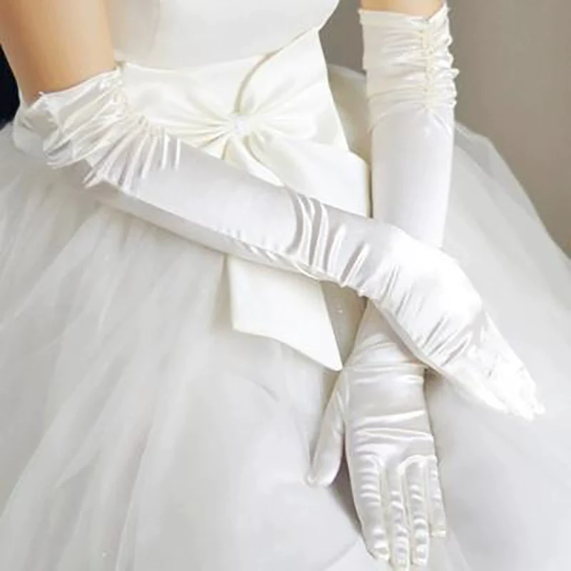 Wedding Gloves Long Winter White Satin - Image 7