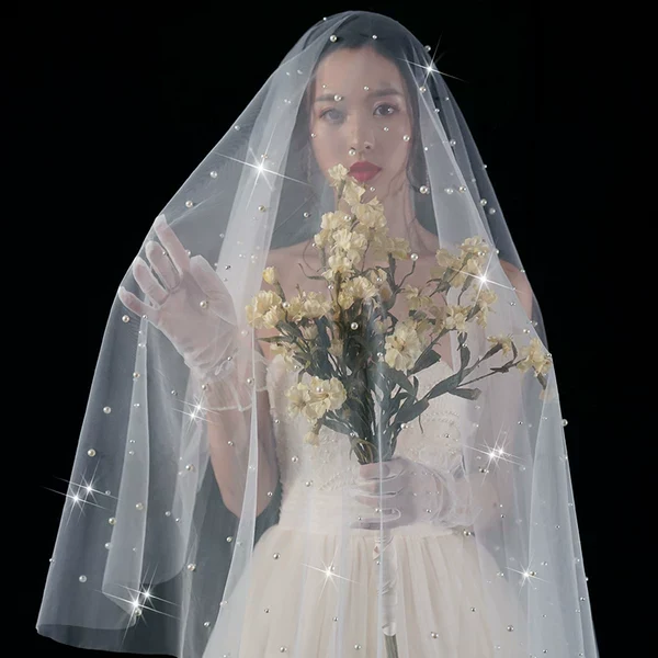 Wedding Veil Pearls Bride Photo Props Long Universal - Image 4