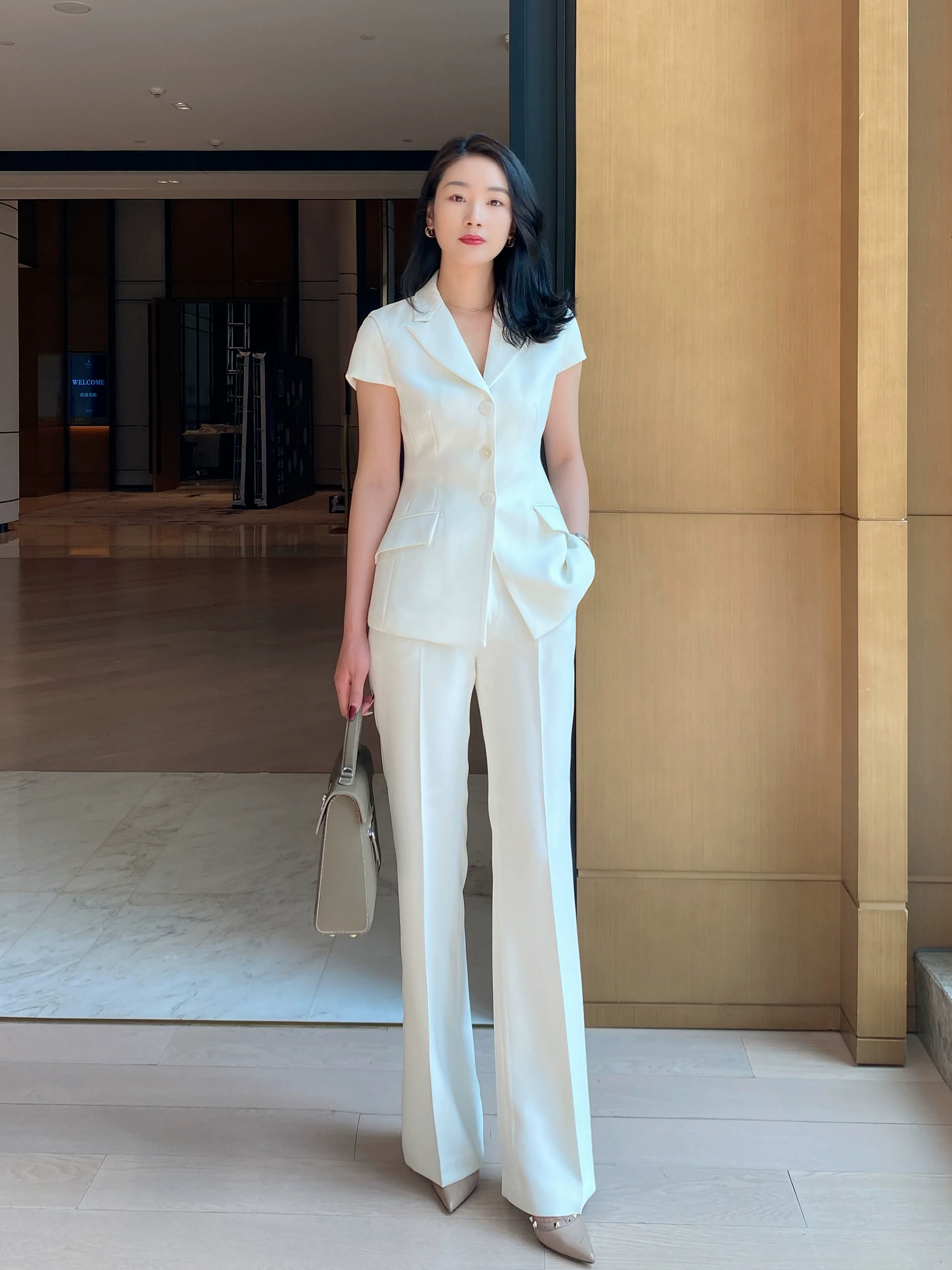 White Flared Summer Trousers with Short Sleeve Blouse - Image 2