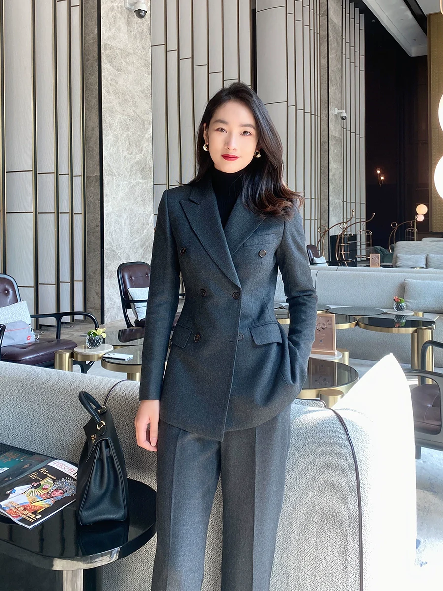 Women's Dark Gray Woolen Suit Jacket and Trousers - Image 2