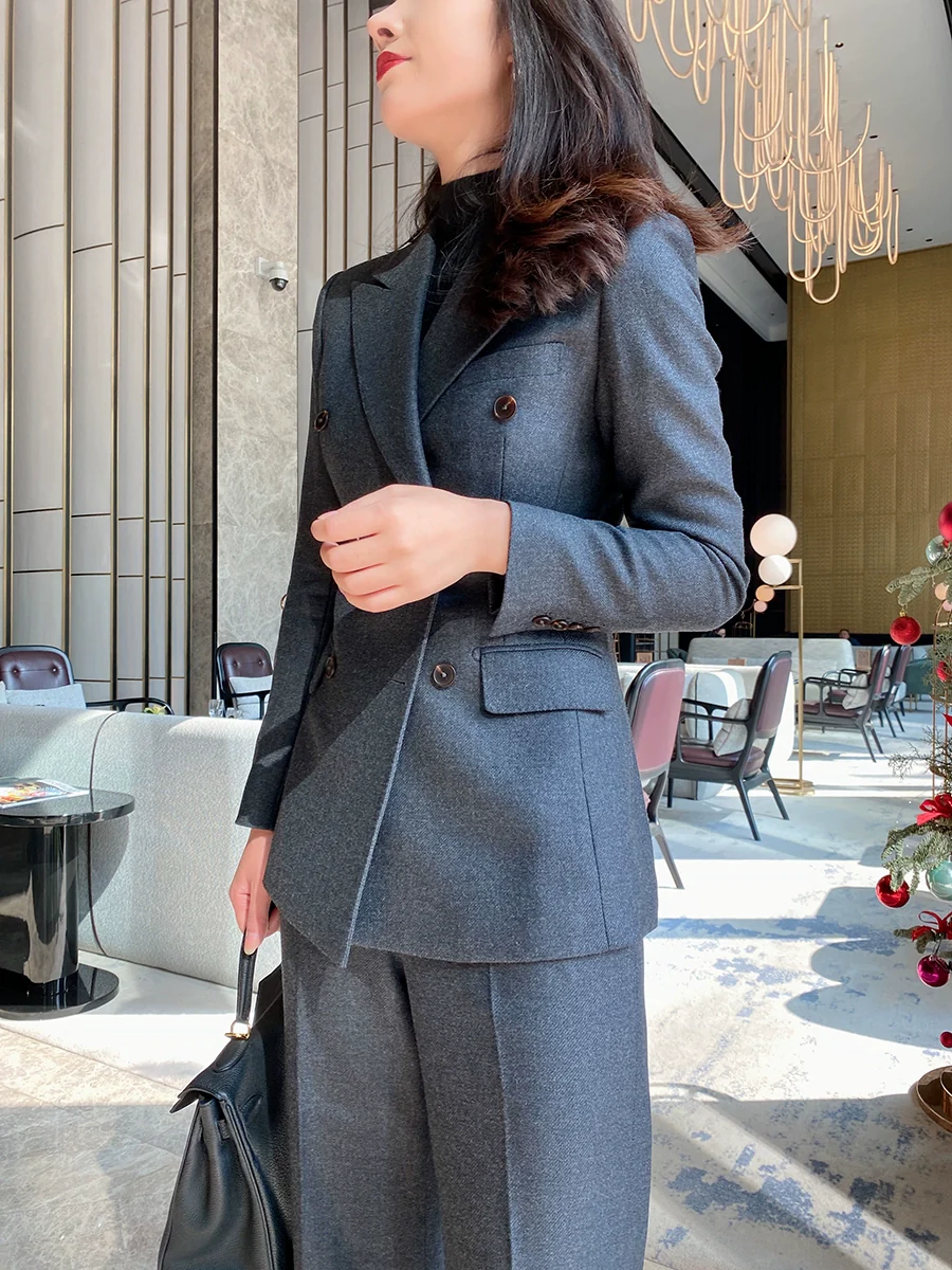 Women's Dark Gray Woolen Suit Jacket and Trousers - Image 4