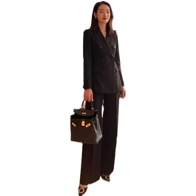 Women's Demi-Season Woolen Suit Jacket & Trousers Set Classic Black - Image 5